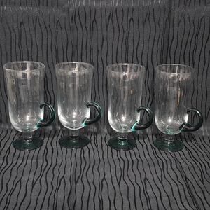 Pier 1 Set of 4 Irish Coffee Glass Mugs Green Handle Footed Vintage
